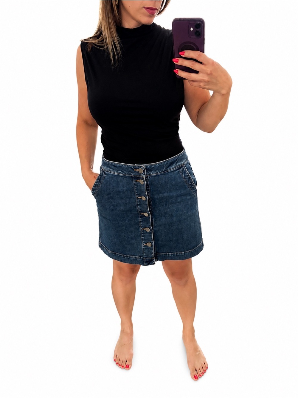 LOFT Dark Blue Button-Front Denim Skirt
